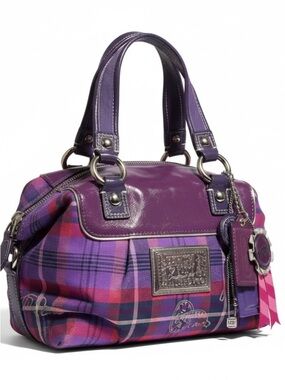 Coach Poppy Tartan Purple Plaid Satchel with Magenta Accents 4 hang tags